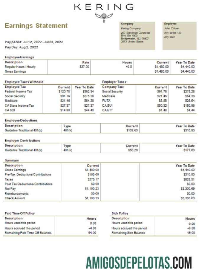 Recibo de pagamento da empresa de bens de luxo Kering dos EUA exemplo